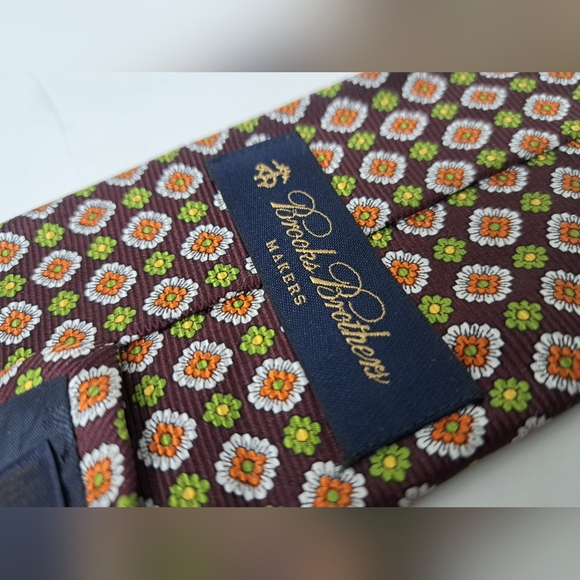 Brooks Brothers Makers Neck Tie Brown Green Orange Ancient Madder Seta Silk USA - Picture 8 of 12